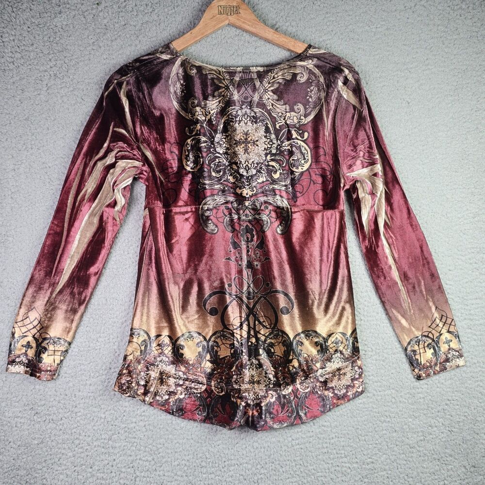 Style & Co Velvet Boho Tunic Flare Sleeve Baroque Festival Burgundy Y2K Peasant - Picture 11 of 12